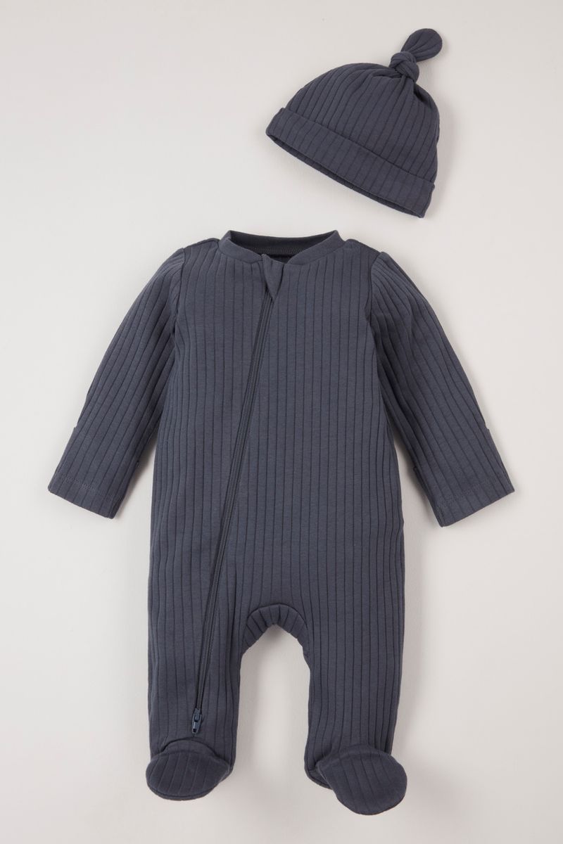 Navy Ribbed Zip Fastening Sleepsuit with Hat