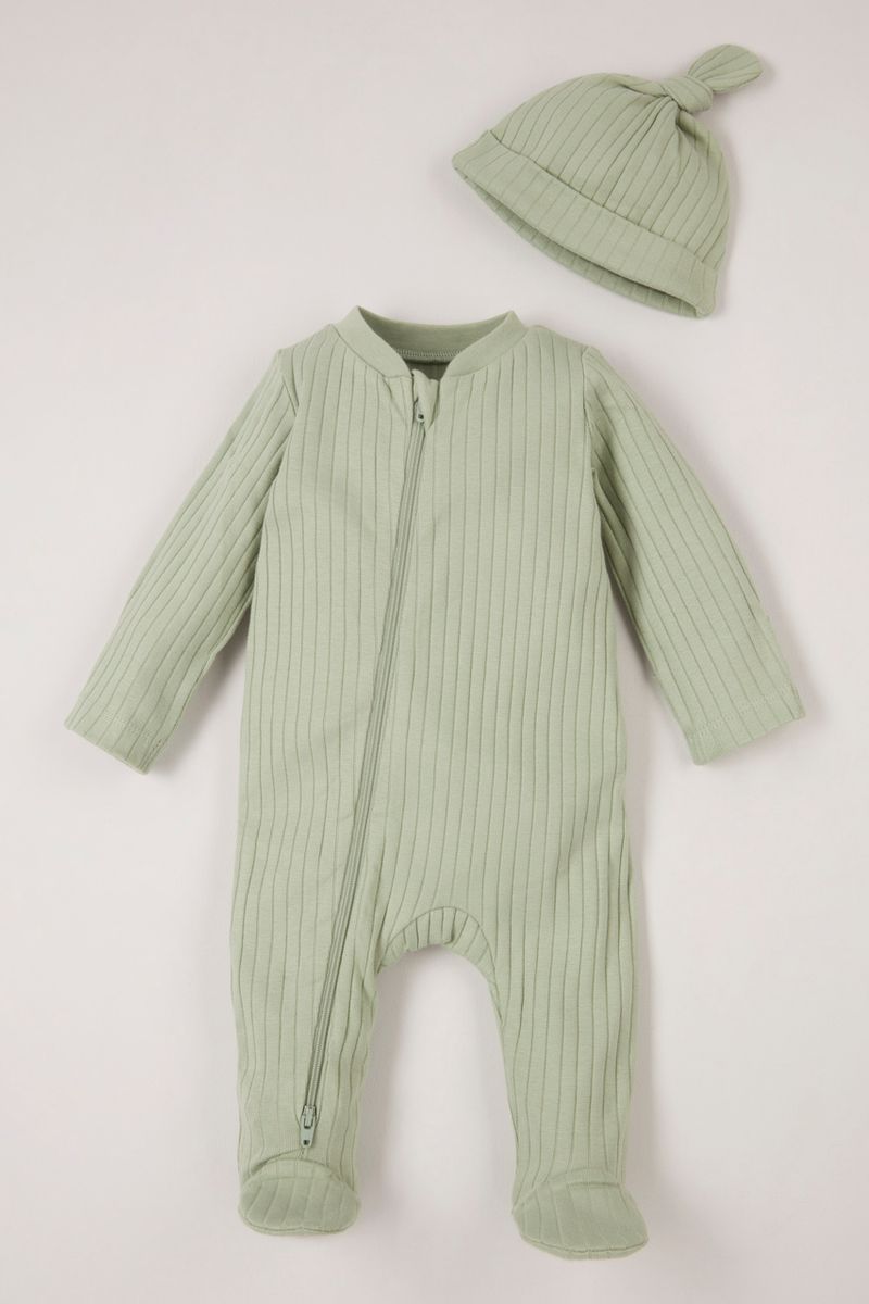 Sage Ribbed Zip Fastening Sleepsuit with Hat