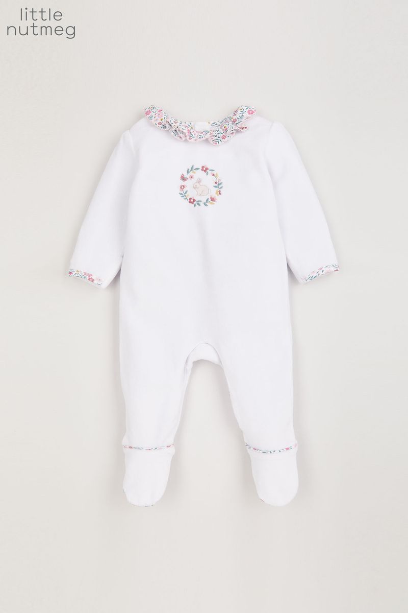 Little Nutmeg White Velour Sleepsuit