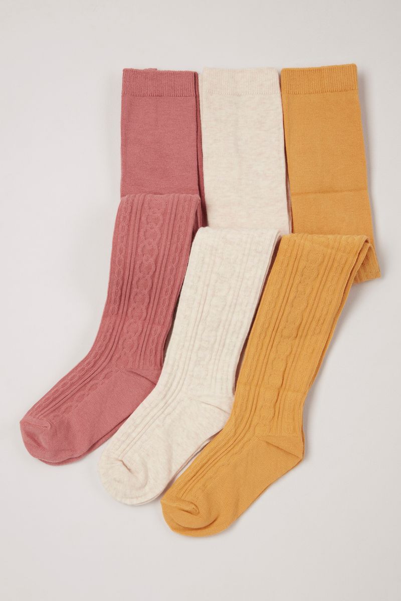 3 Pack Ochre Pink White Cable Tights