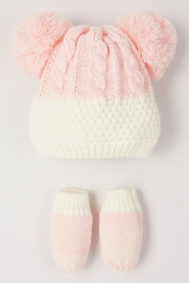 Pale Pink Knitted Hat & Mittens