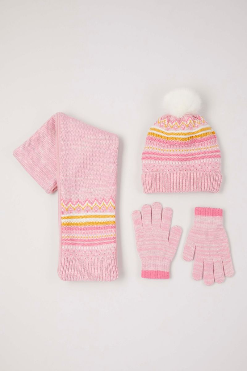 Pink Fairisle 3 Piece Scarf Set
