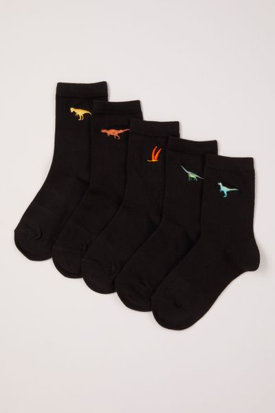 5 Pack Embroidered Dinosaur Black Socks