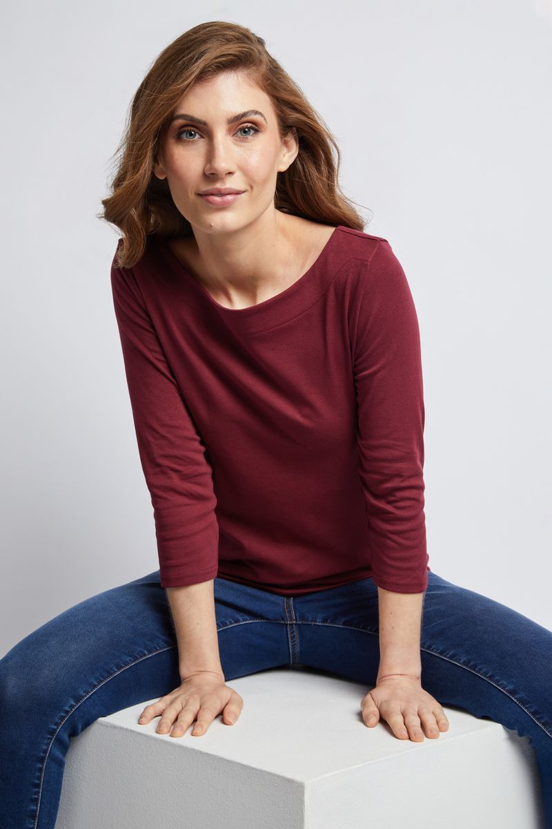 3/4 Sleeve Wine Bardot Top