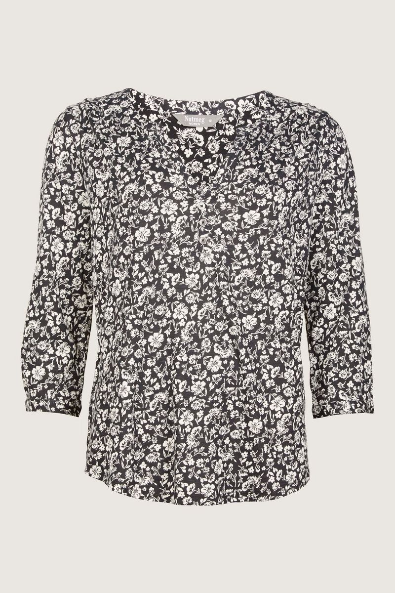 Monochrome Floral Henley T-shirt