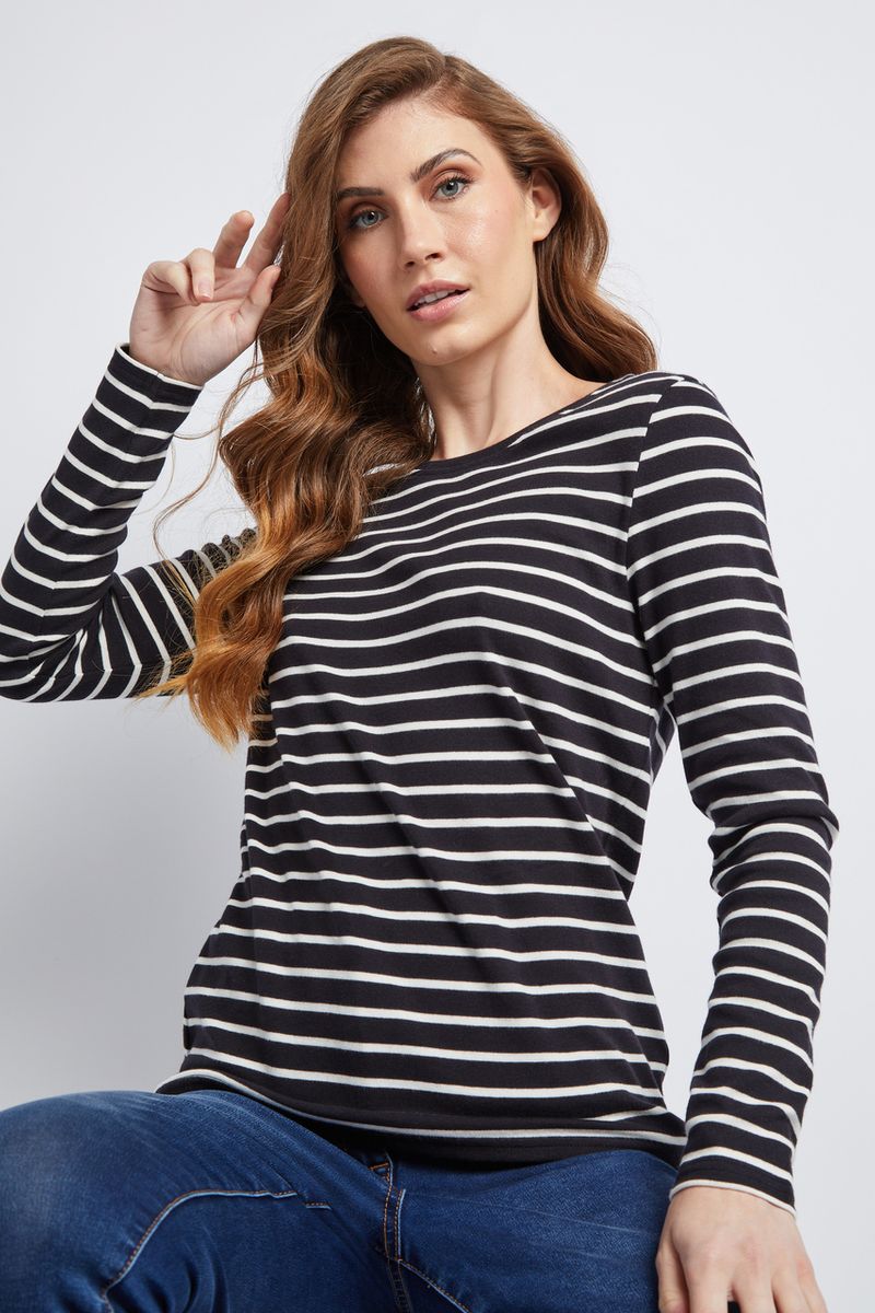 Long Sleeve Fitted Black Ecru T-shirt