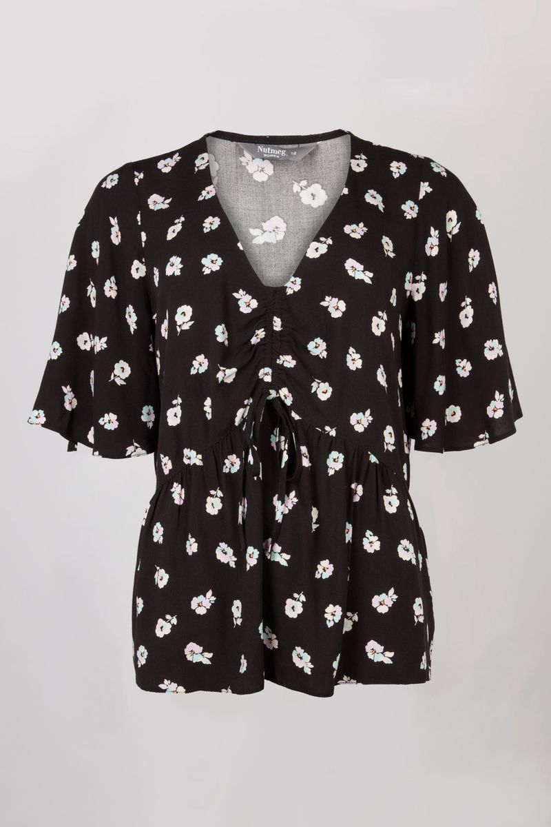 Ruched Black Floral Print top