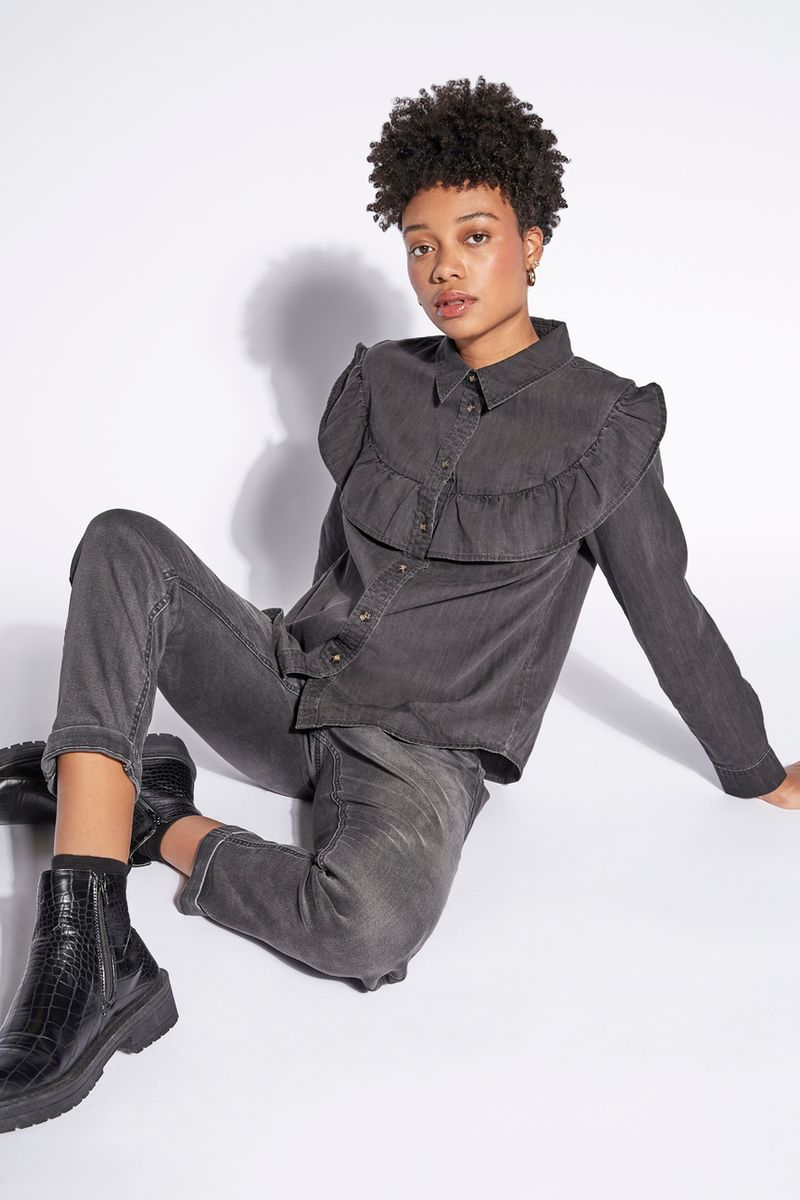 Black Denim Ruffle shirt