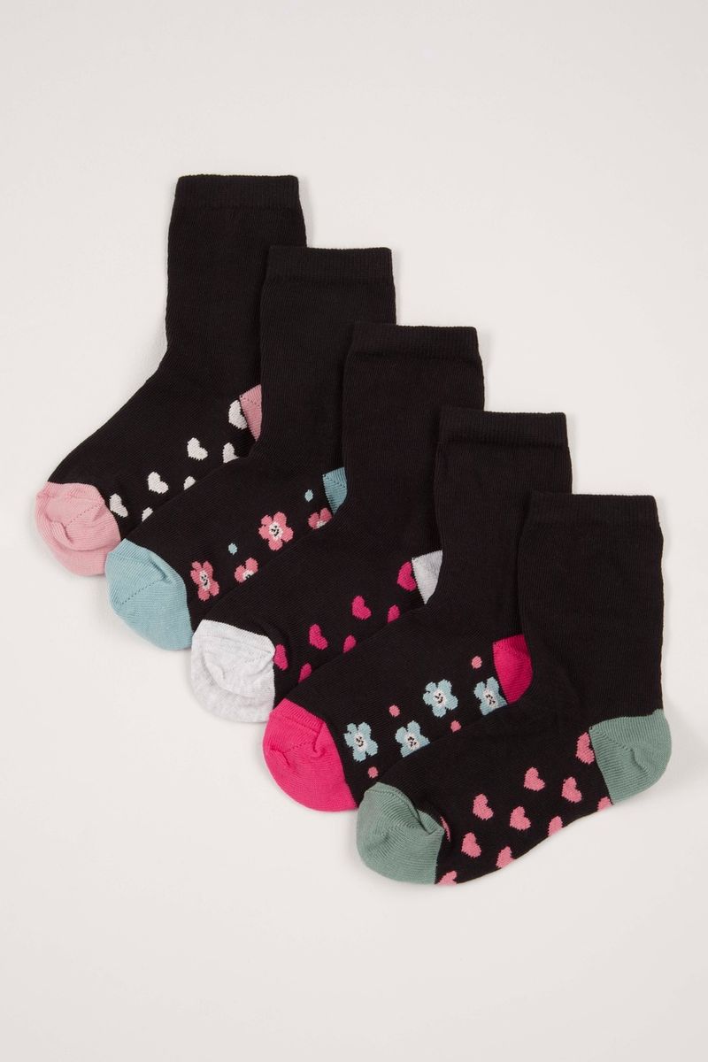 5 pack black flower & heart footbed socks