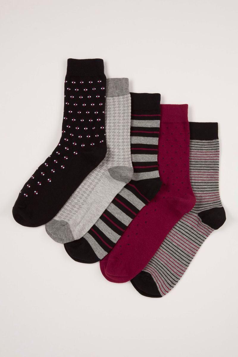 5 Pack Burgundy Pattern Socks