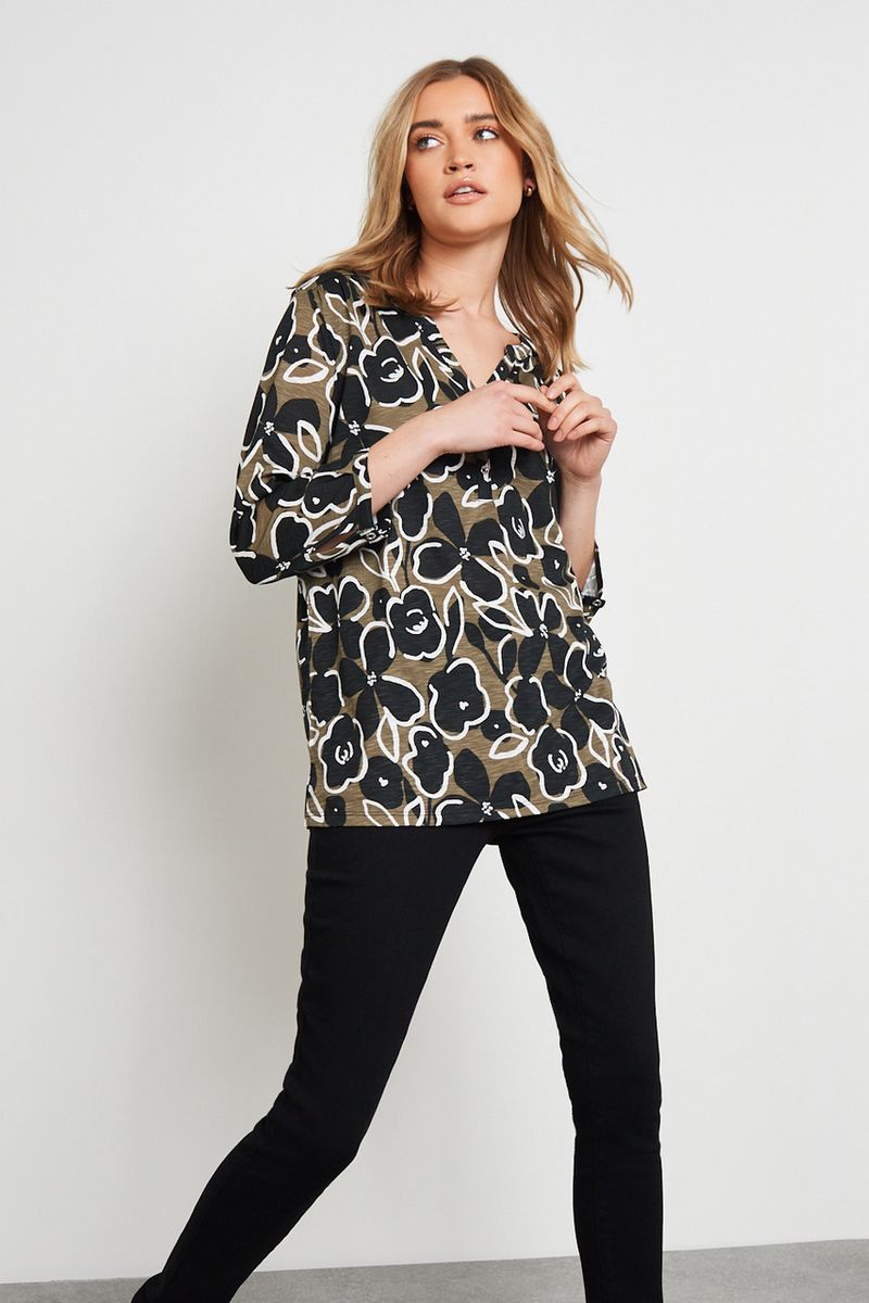 Khaki Floral Henley Top