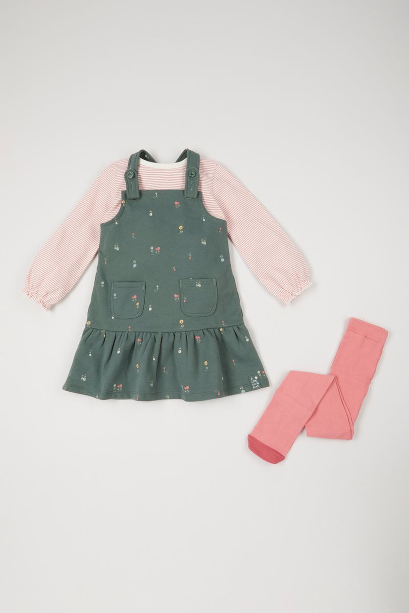 3 Piece Floral Pinafore With Tights Set