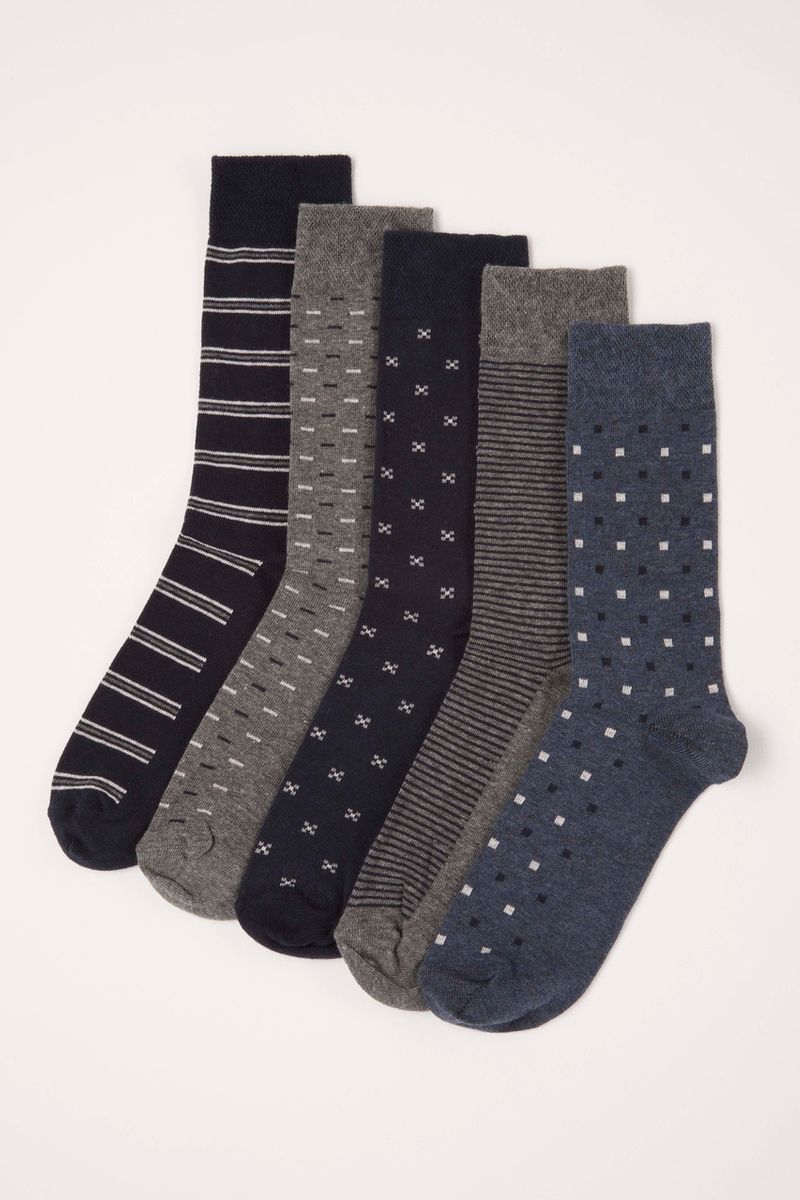 5 Pack Navy Geometric Flexitop socks