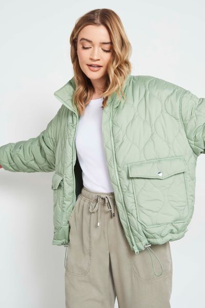 Green Quilted Bomber Jacket - Nutmeg
