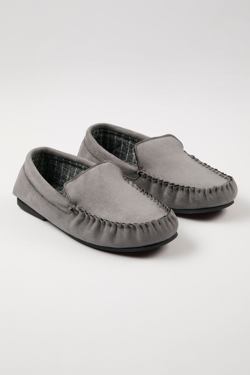 Grey Check Lined Moccasin slippers