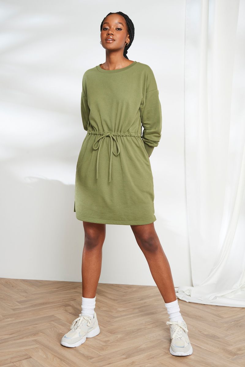 Khaki Drawcord Sweat Dress - Nutmeg