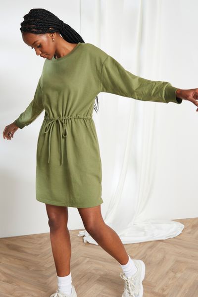 Khaki Drawcord Sweat Dress - Nutmeg