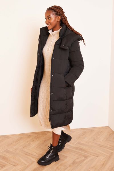 Black Longline Cocoon Quilted Coat