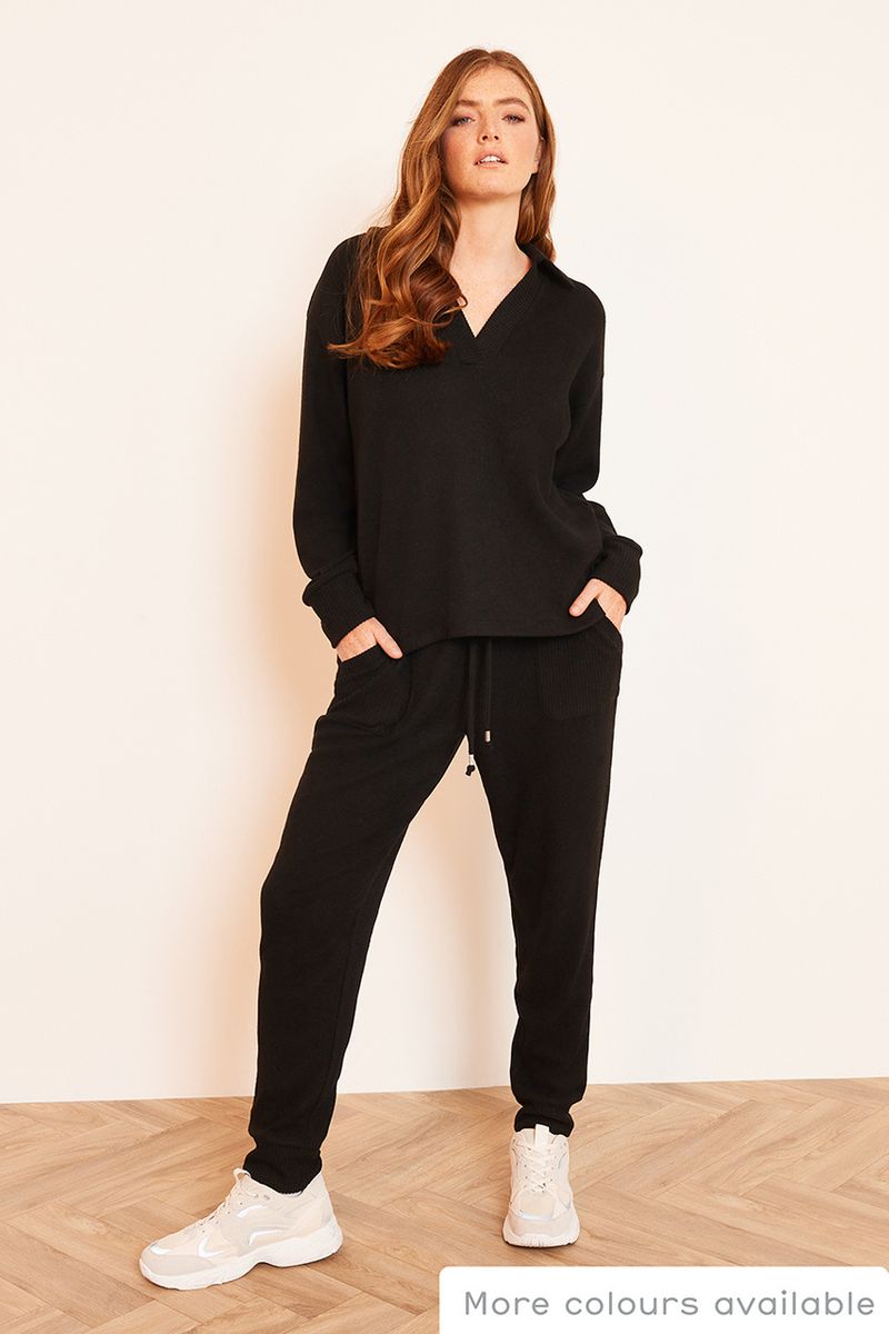 Black Soft Open Collar top