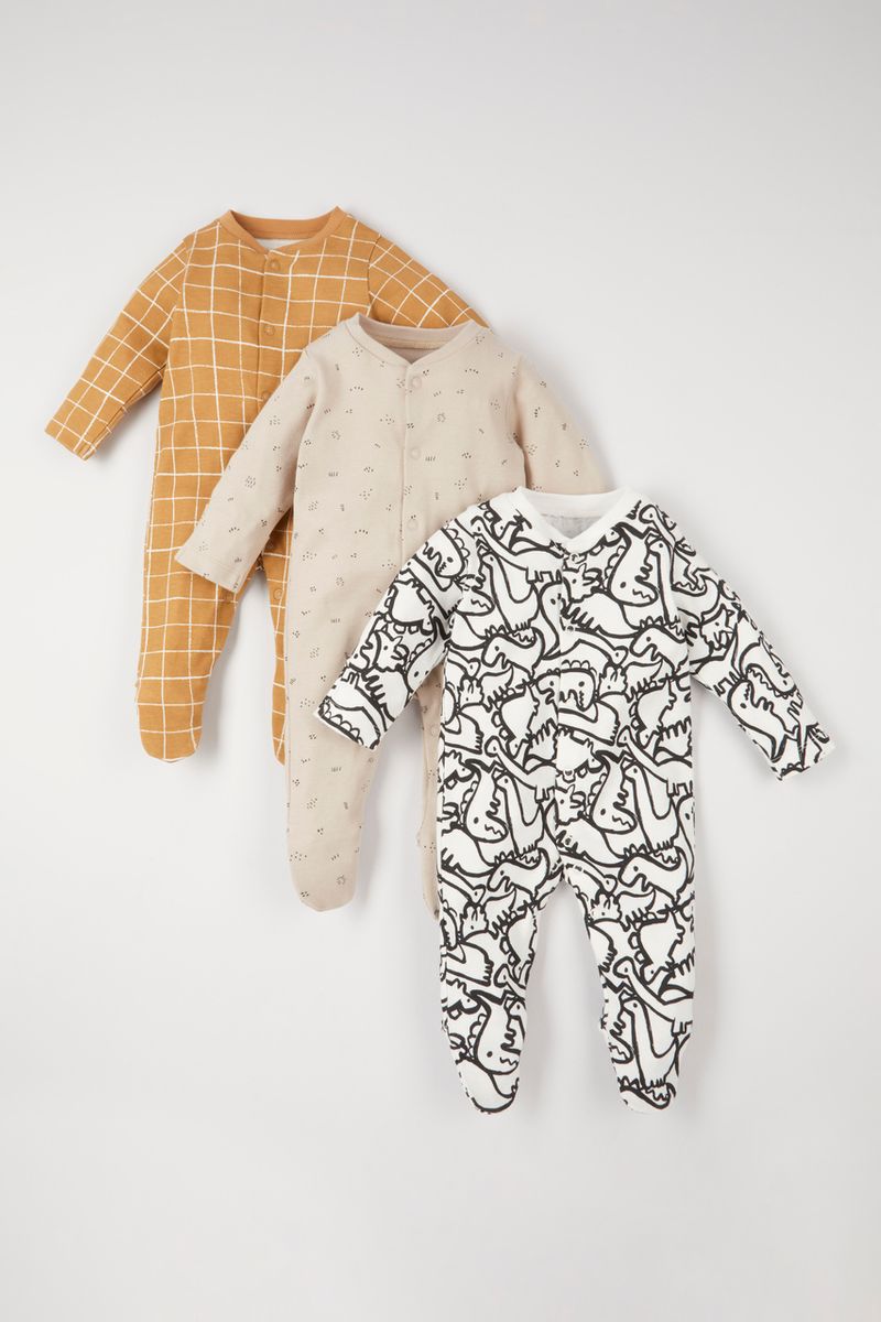 3 Pack Monochrome Dinosaur Sleepsuits