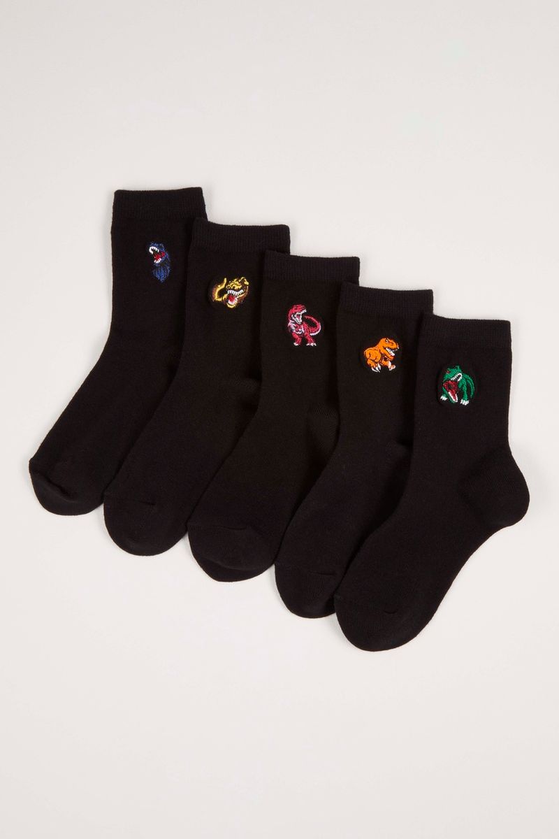5 Pack Black Embroidered Dinosaur Socks
