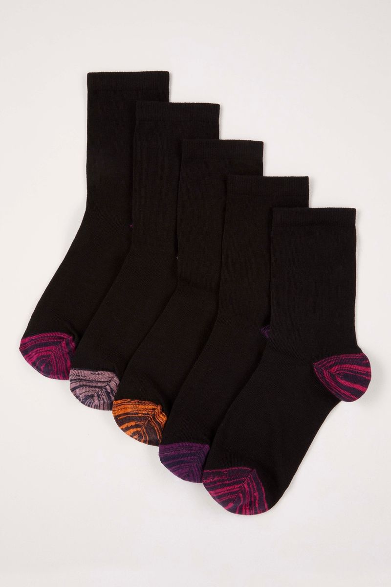 5 Pack Colourful Heel & Toe Black Socks