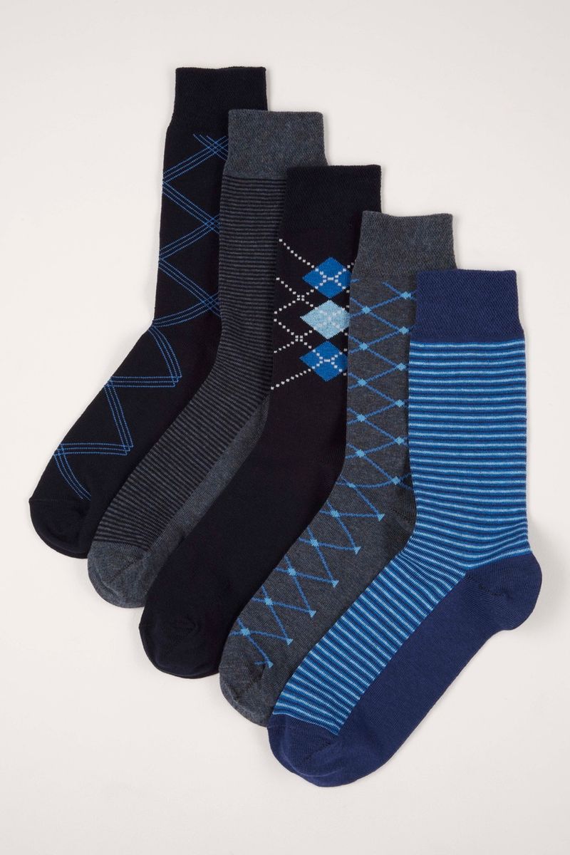 5 Pack Blue Geometric Flexitop Socks