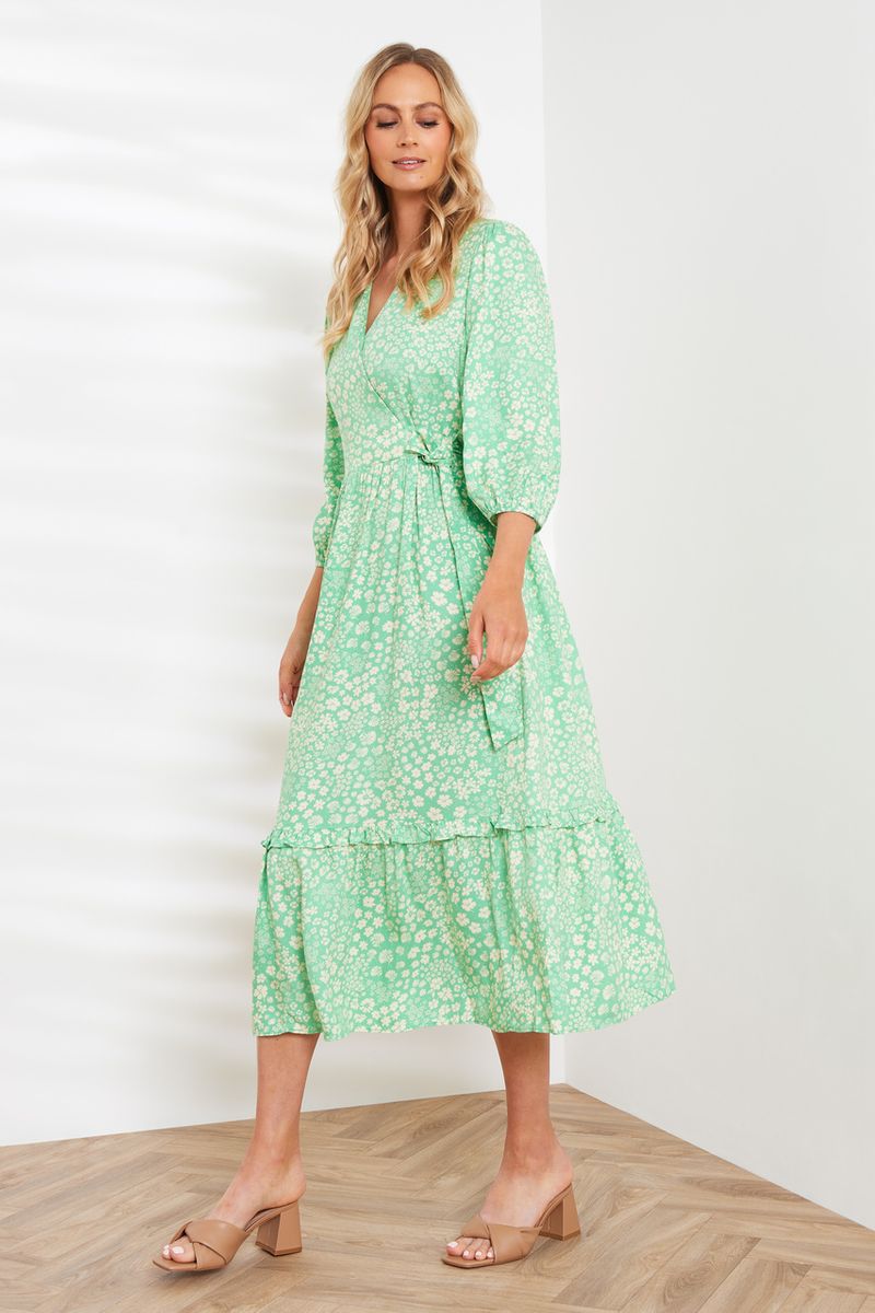 Online Exclusive Green Floral Wrap Midi dress