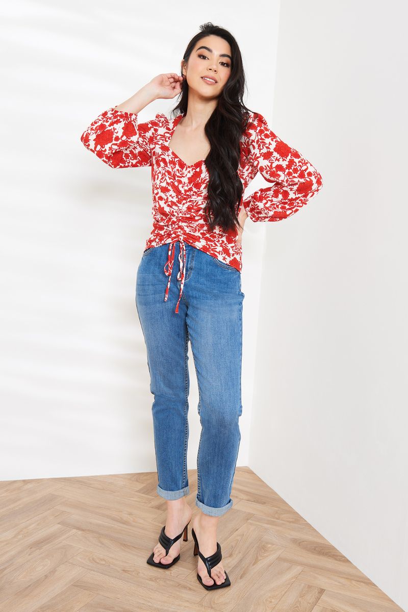 Red Floral Square Neck Blouse