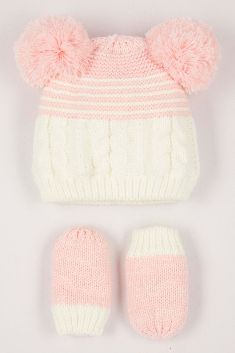 Pink Knitted Hat & Mittens Set