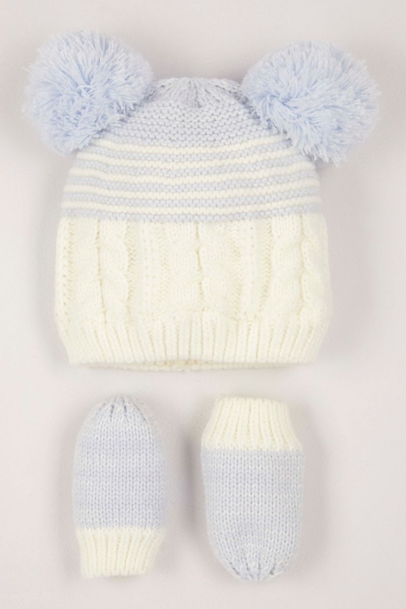 Blue Knitted Hat & Mittens Set