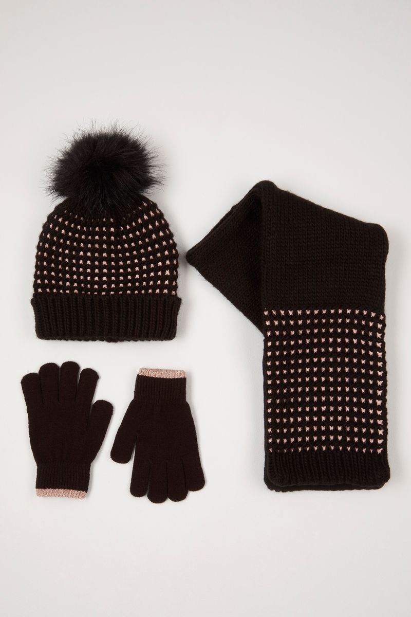 3 Piece Black Knitted Beanie Hat set