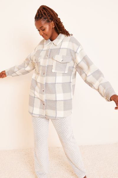 Pale Grey Check Fleece Shacket - Nutmeg
