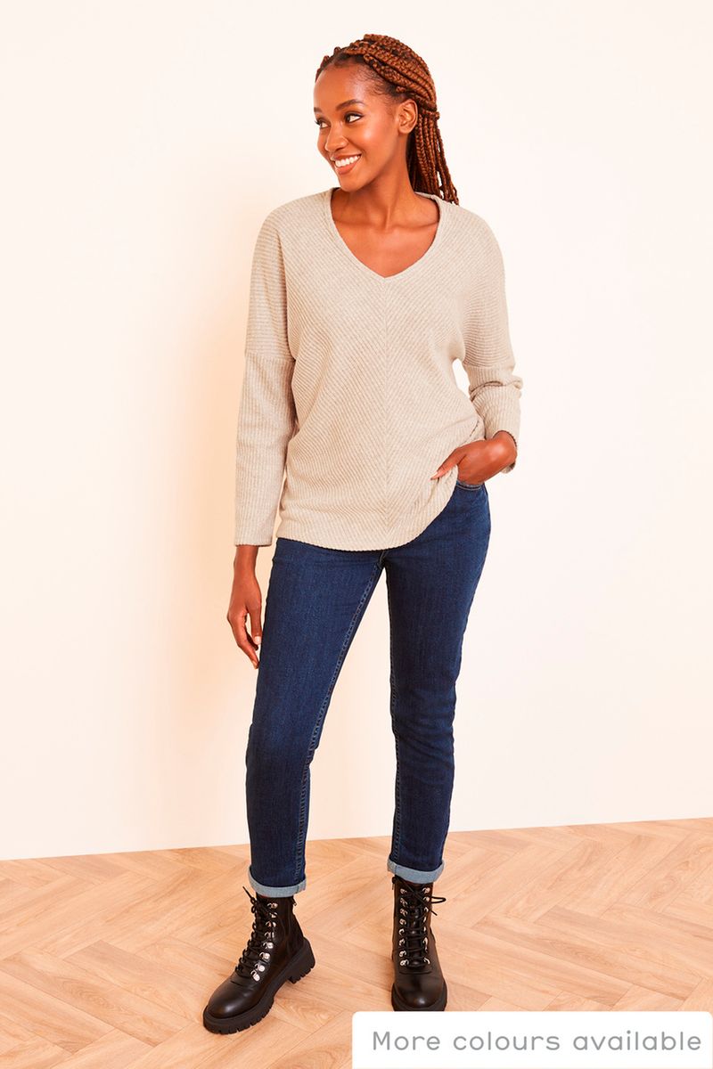 Oatmeal V-Neck Ribbed Tunic