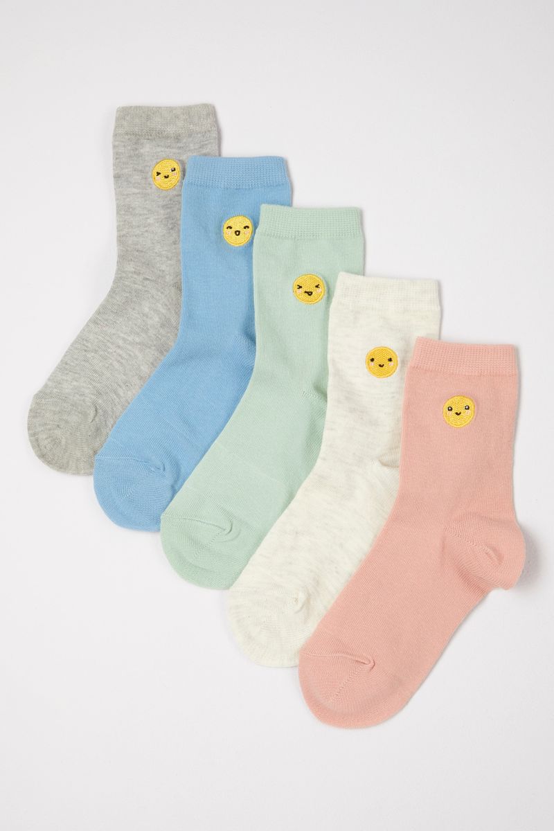 5 Pack Embroidered Faces Pastel socks