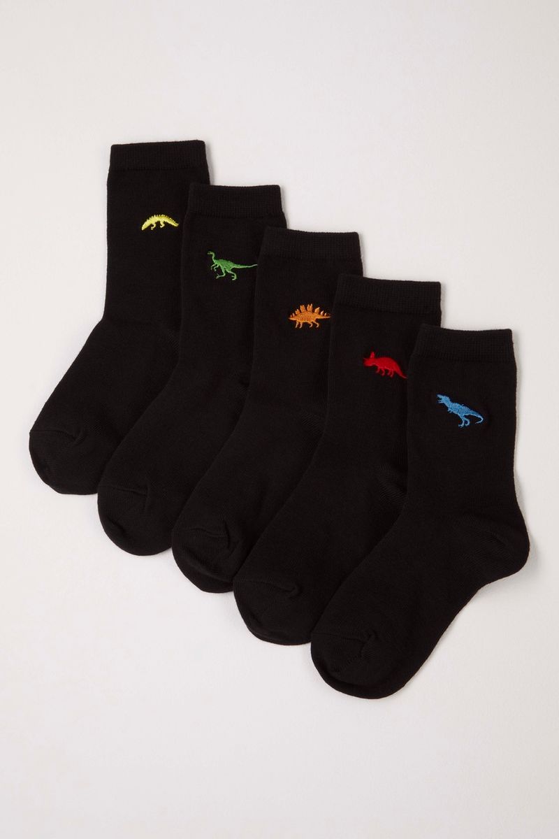 5 Pack Kids Embroidered Dinosaur socks